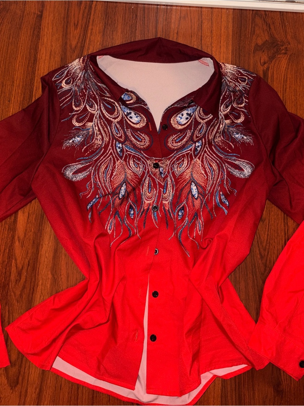 SHEIN Red Ombre Button-Down Shirt with Peacock Embroidery